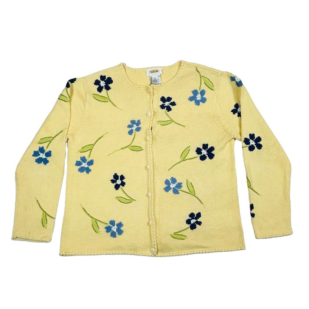 Vintage Talbots Floral Cardigan Sweater Medium Yellow Cottagecore Grandma 90s